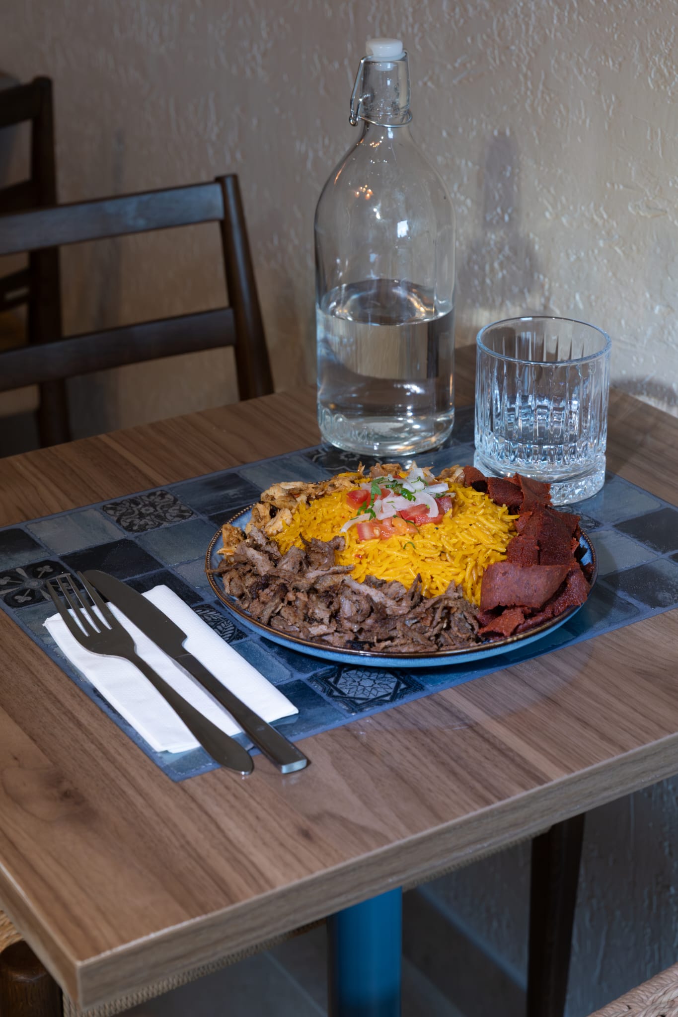 Mixed shawarma plate with rice and salad